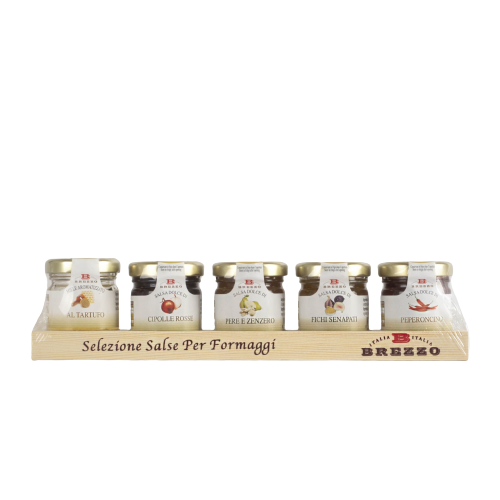 Dárkový set 5 džemů k sýrům na dřevěném podstavci