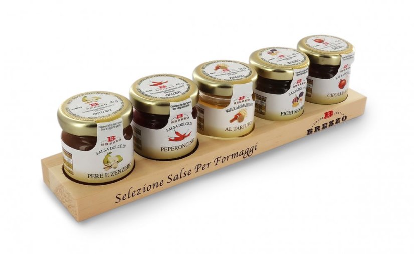 Dárkový set 5 džemů k sýrům na dřevěném podstavci